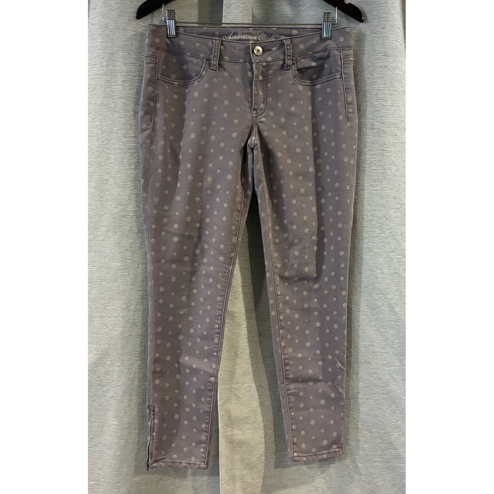 AMERICAN EAGLE Stretch JEGGINGS JEANS Size 8 Polka Dot PURPLE Zipper Leg